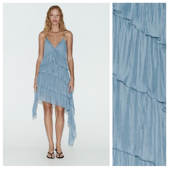 Zara Dresses & Skirts - 🌹NWT. Zara Light Blue Pleated Asymmetric V-Neck Mini Dress. Size L.